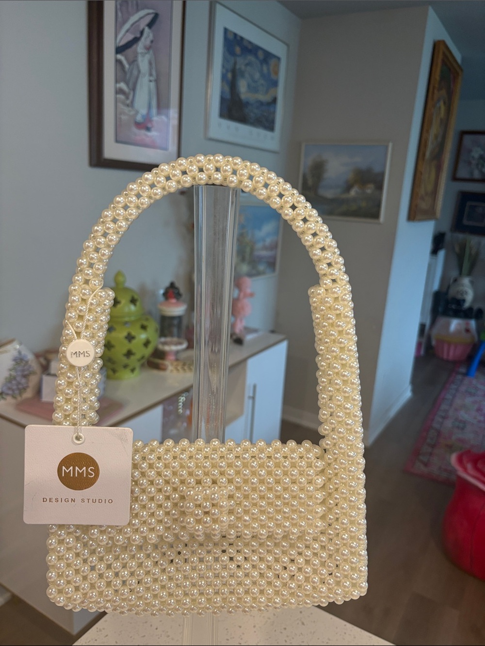 MMS Design Studio Cream Pearl Beaded Mini Bag with Top Handle